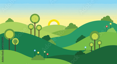 A vibrant, minimalist landscape featuring hills, trees, and a setting sun