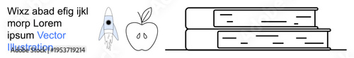 Education, knowledge, science, learning tools, inspiration, academic success. Simple drawing of stacked books, an apple and a rocket. Education and knowledge concept
