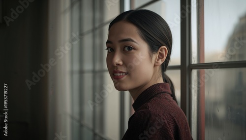 Standing Asian woman turning toward camera near multi-pane window, wearing burgundy top, copy space Free Download Standing Asian woman turning toward camera near multi-pane window, wearing burgundy top, copy space - GFXLoad