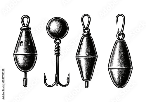 Collection of vintage fishing tackle, including floats, sinkers, and hooks, rendered in a sketch style