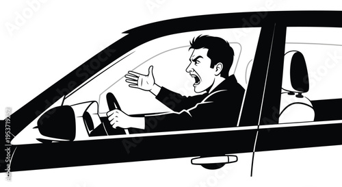 A frustrated driver aggressively gestures while inside a vehicle showcasing road rage and intense emotion silhouette high quality professional detailed modern