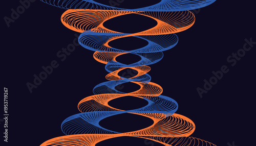 A vibrant vector graphic illustration of intertwined orange and blue spiral lines on a dark background