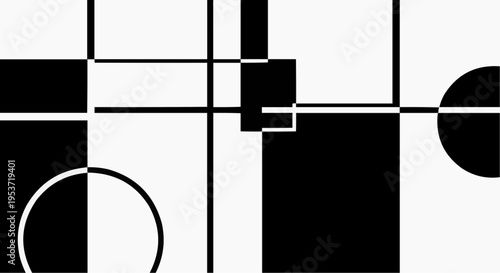 Abstract background composition featuring bold geometric shapes including squares rectangles and circles in high contrast black and white minimal visual art pattern design.