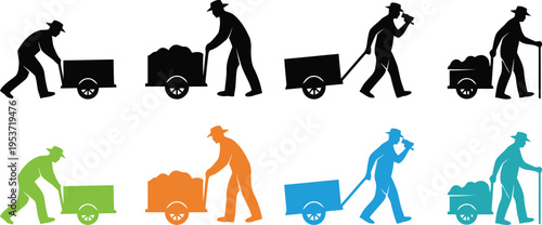 Silhouette of people moving with various colored hand trucks and luggage