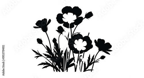 A striking black floral arrangement with delicate petals and leaves rendered in a bold contrasting silhouette high quality professional detailed modern