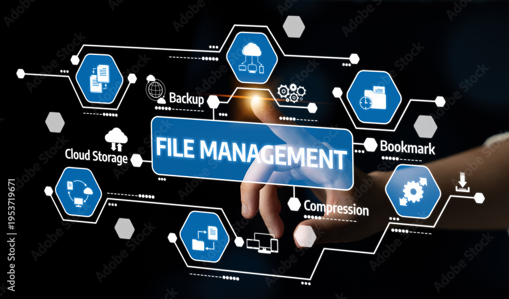 Naklejka premium Conceptual representation of file management features including cloud storage and backup options in a digital environment, emphasizing innovation and technology. Tessel