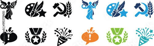 Collection of stylized logos or icons in various colors and designs