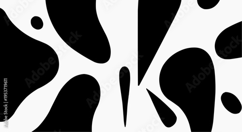 Abstract black and white graphic background featuring organic fluid shapes and irregular splatters creating a modern camouflage or animal skin pattern motif ideal for textile design.