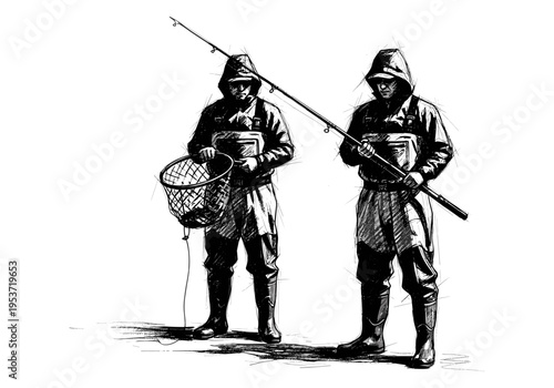 Two fishermen in waders with fishing rods and a net, sketched in black and white