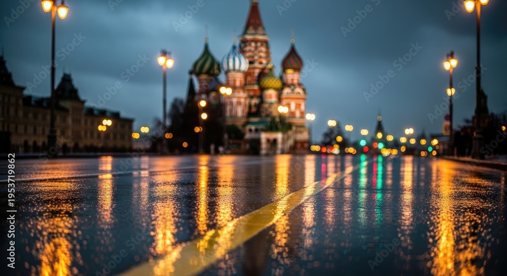 Fototapeta premium St. Basils Cathedral at Night with Wet Pavement Reflections.
