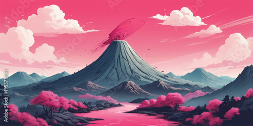 A breathtaking Japanese landscape featuring the snow-capped peak of Mount Fuji at sunrise with cherry blossoms framing the mountain and clouds reflecting on the water