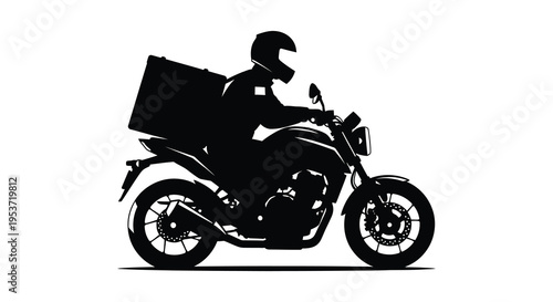 A black silhouette of a motorcycle courier with a delivery box showcasing modern urban transport silhouette high quality professional detailed elegant