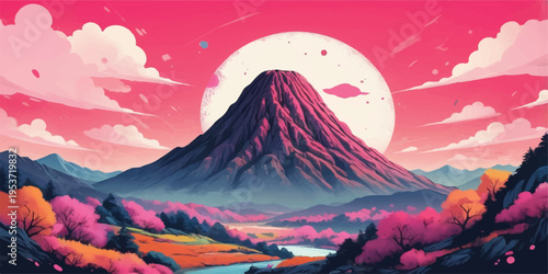 A breathtaking landscape view of Mount Fuji in Japan features the snow-capped volcanic peak rising above a lake and forest framed by winter clouds and blooming cherry blossoms