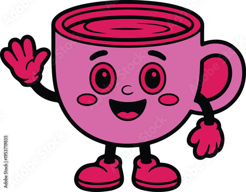 Cartoon pink coffee mug with smiling face and waving hand