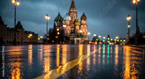 St. Basils Cathedral at Night with Wet Pavement Reflections.