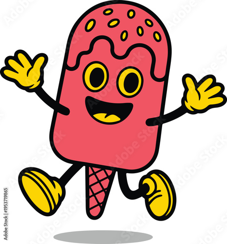Cartoon pink ice cream character with yellow eyes and shoes running with arms outstretched and smiling face on cone isolated on transparent background