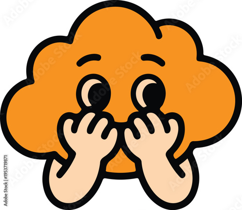Cartoon orange cloud character covering face with hands in a comical expression of shame or surprise