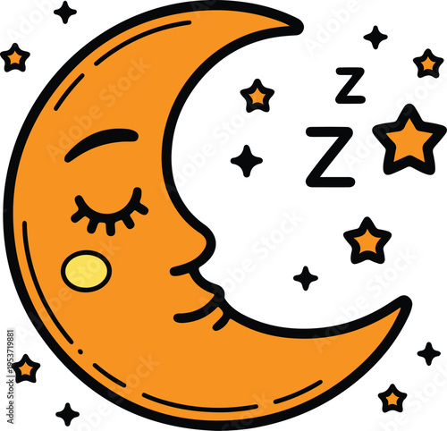 Cartoon sleeping moon face with stars and z letters  dreamy night sky symbol  crescent moon with closed eyes and peaceful expression