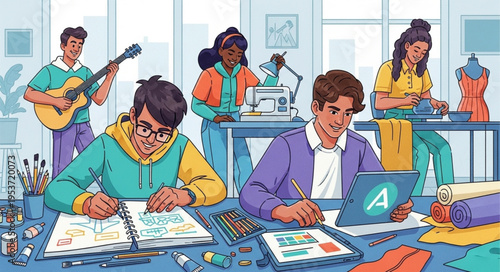 Creative students engaged in diverse artistic pursuits in a vibrant studio.