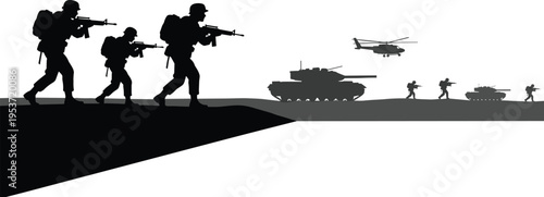 Military scene silhouette vector illustration design graphic, soldiers tanks helicopter combat art concept, black and white decorative creative collection