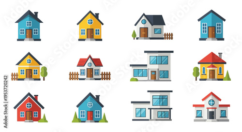Colorful flat design illustrations of various suburban houses with distinct architectural styles a stylistic silhouette high quality professional detailed modern elegant