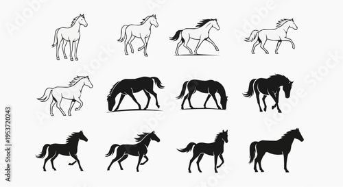 Collection of horse icons set featuring various poses and styles, including detailed outline drawings and solid black silhouettes for logo design use.