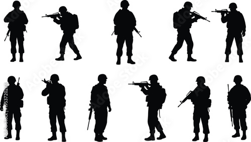 Soldier poses silhouette vector illustration design graphic, military combat stances educational art concept, black and white decorative creative collection