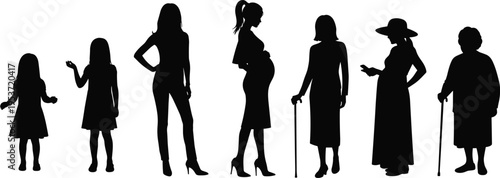 Woman life stages silhouette vector illustration design graphic, aging development educational art concept, black and white decorative creative collection