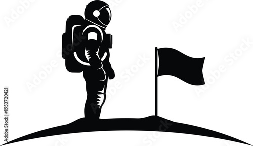 Astronaut with flag silhouette vector illustration design graphic, space exploration moon landing achievement art concept, black and white decorative creative collection