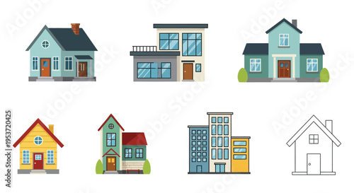 A collection of colorful stylized house illustrations with varying architectural designs and a final house silhouette high quality professional detailed modern