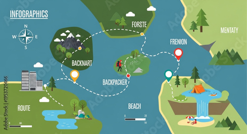 Infographic Map of Fictional Islands with Travel Routes and Landmarks.