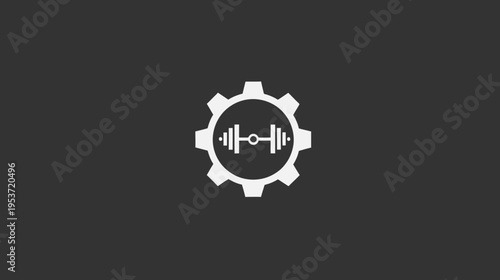 A white gear icon houses a barbell symbol, set against a dark grey background