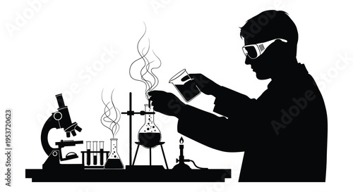 A scientist conducts a chemistry experiment in a laboratory setting pouring liquids with apparatus silhouette high quality professional detailed modern elegant