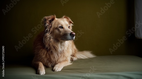 A fluffy golden dog calmly rests on a green couch, looking thoughtfully into the distance, creating a serene atmosphere.