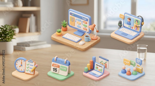 Wallpaper Mural 3D Business & Productivity Icons Set: Remote Work, Office, Scheduling, Data, and Online Collaboration Tools Torontodigital.ca