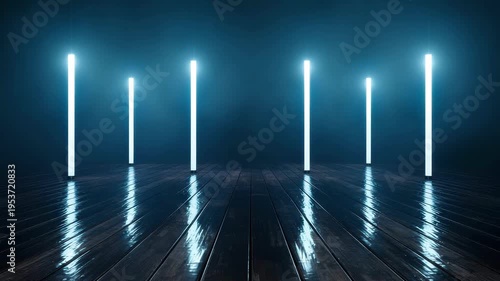Modern stage with bright spotlights on dark wooden floor for concert or theater performance