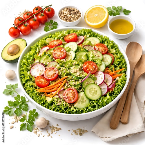 Fresh Lettuce Salad with Fiber-Rich Vegetables – Digestive Health Concept on White Background