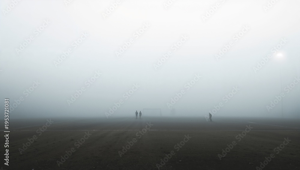 Fototapeta premium Standing three figures wearing gear near soccer goal on foggy pitch, floodlight and field lines