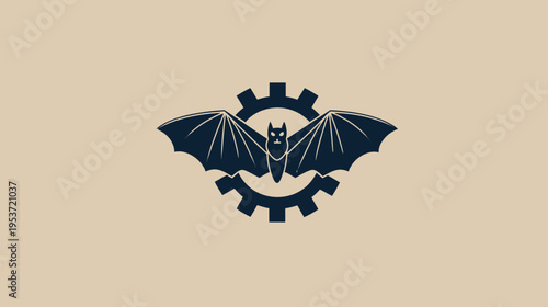 A stylized bat with spread wings, centered in a dark gear, on a muted beige background