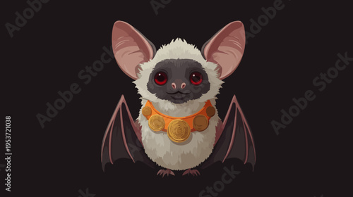 Adorable, cartoon-style illustration of a bat with large ears, and a fancy collar against a dark backdrop