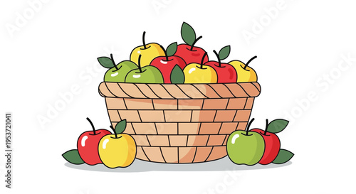 A colorful illustration depicts a woven basket overflowing with vibrant red green and yellow apples silhouette high quality professional detailed modern