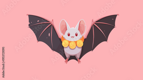 Adorable cartoon bat, wings spread, adorning a coin necklace, set against a pink backdrop
