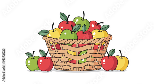 A colorful woven basket overflowing with ripe red green and yellow apples presented as a silhouette high quality professional detailed modern
