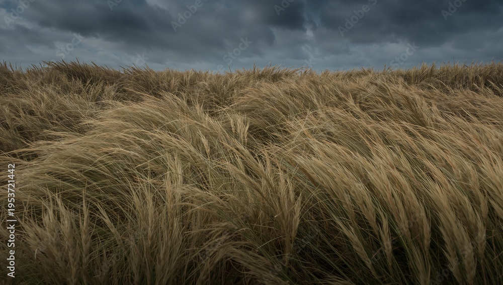 Fototapeta premium Swaying tall windswept dune grasses bending across coastal dune plain, with sand and storm clouds