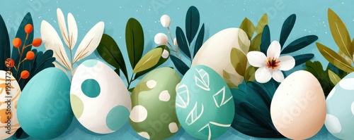 Easter eggs and floral spring border with hand-drawn painted eggs and greenery