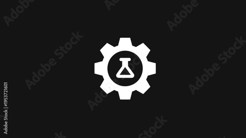 A white gear icon encompassing a lab beaker on a black background. Minimalist design