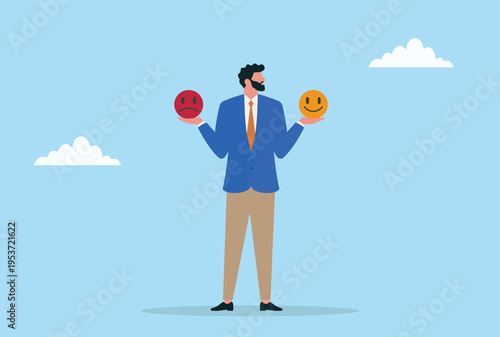 Vector illustration of a businessman balancing a smiley face and a sad face symbolizing emotional balance, mood management and managing ups and downs
