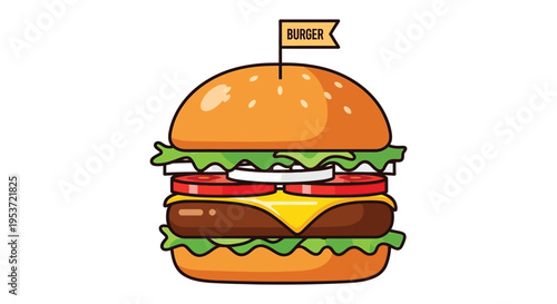 A vibrant illustration depicts a stacked cheeseburger with a flag creating a bold graphic silhouette high quality professional detailed modern elegant