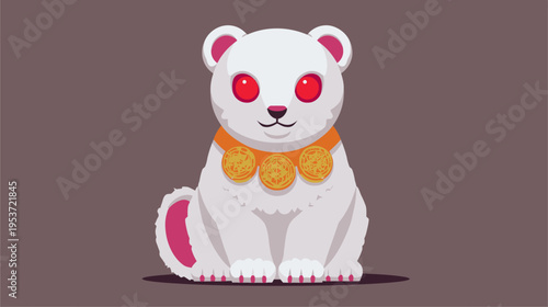 Digitized illustration of a white animal with red eyes and gold pendants, sitting on a ground