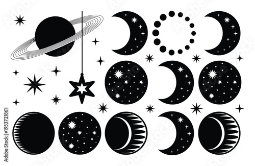 Celestial bodies and phases of the moon in black and white